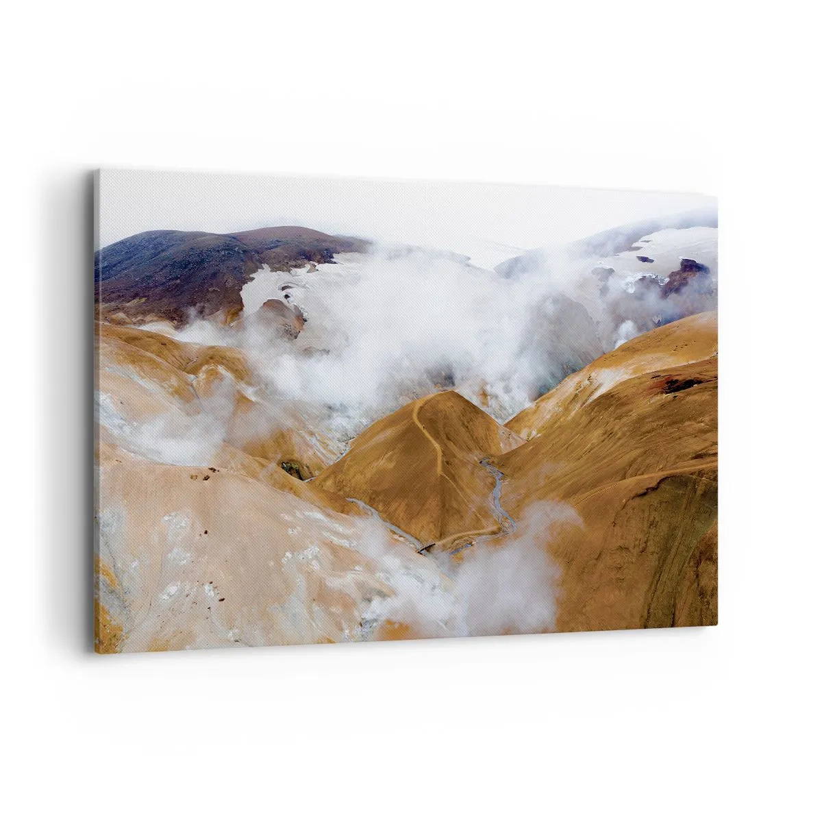 Bild auf Leinwand - Leinwandbild - Eine Berglandschaft mit Dampf in einem rauen Klima - 120x80cm - Islands rohe Schönheit - Moderne Wanddekoration für Wohnzimmer und Schlafzimmer ARTTOR