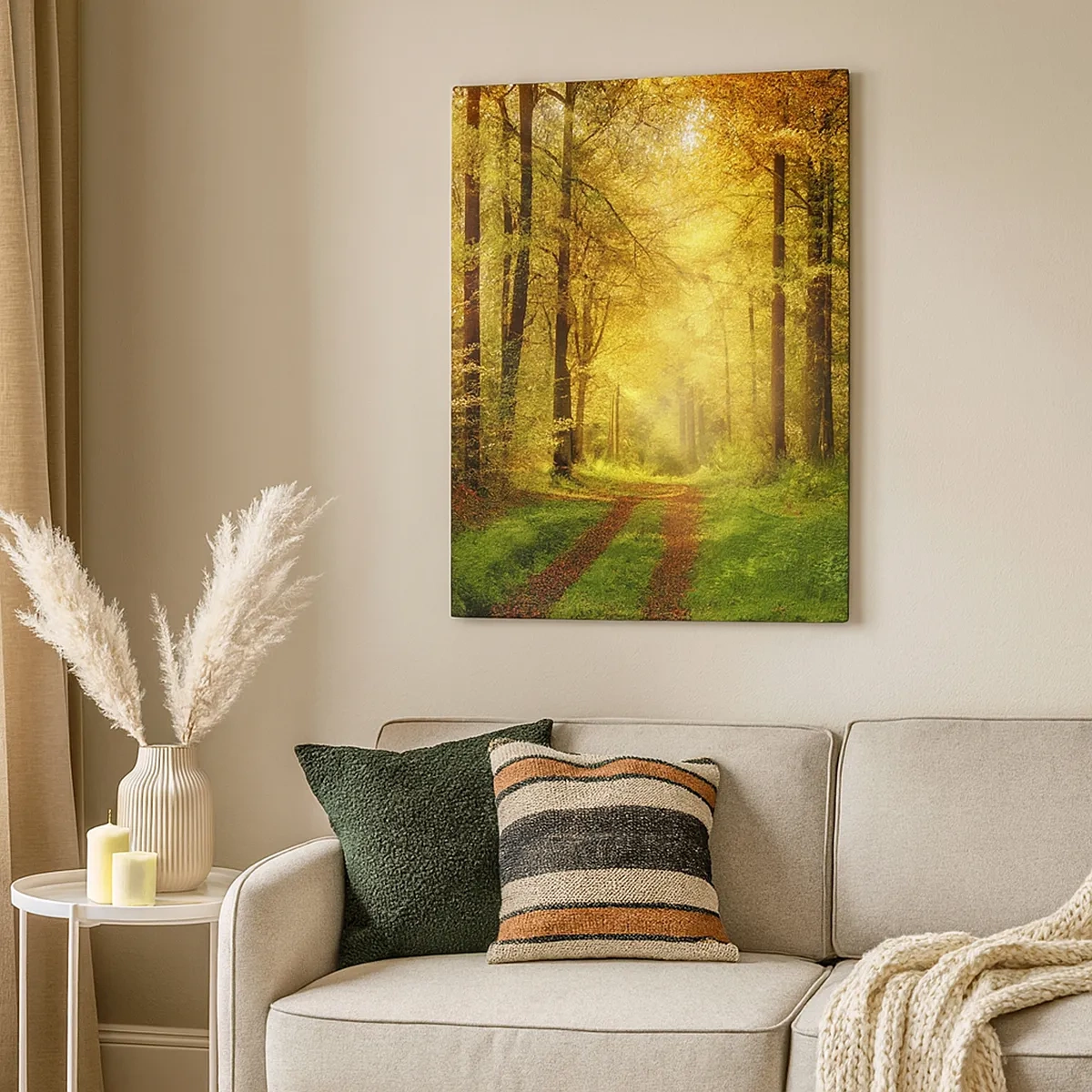Bild auf Leinwand - Leinwandbild - Ein Waldweg, umgeben von goldenen und grünen Bäumen - 50x70cm - Waldgoldene Stille - Moderne Wanddekoration für Wohnzimmer und Schlafzimmer ARTTOR