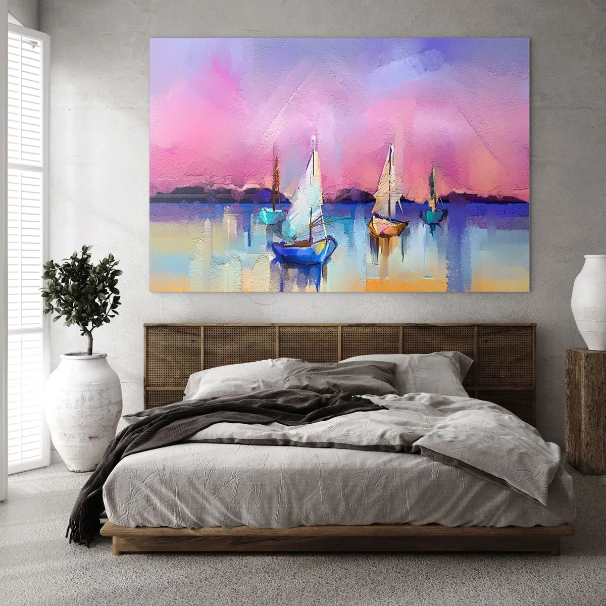 Glasbild - Bild auf glas - Abstrakter Yachthafen mit Segelbooten bei Sonnenuntergang - 70x50cm - Richtung: breites Wasser - Moderne Wanddekoration für Wohnzimmer und Schlafzimmer ARTTOR