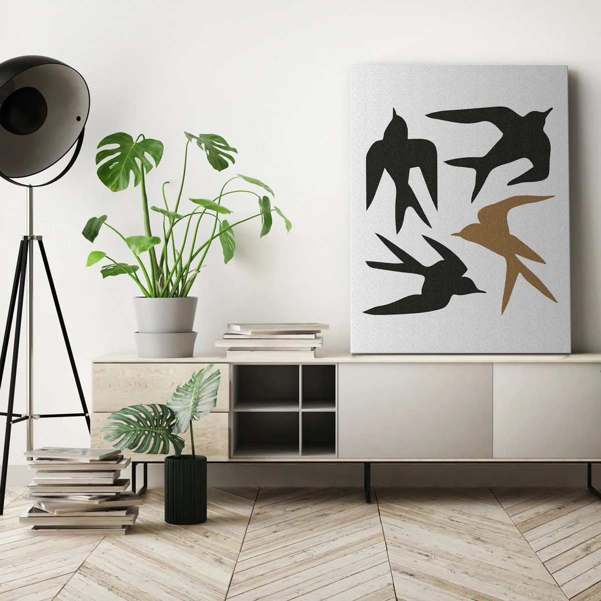Bild auf Leinwand - Leinwandbild - Silhouetten von Schwalben in Schwarz und Gold - 50x70cm - Schwalbenspaß - Moderne Wanddekoration für Wohnzimmer und Schlafzimmer ARTTOR