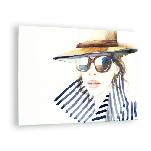 Glasbild - Bild auf glas - Stilvolle Frau mit Hut und Brille im Aquarellstil - 70x50cm - Florida heißt Sie willkommen! - Moderne Wanddekoration für Wohnzimmer und Schlafzimmer ARTTOR