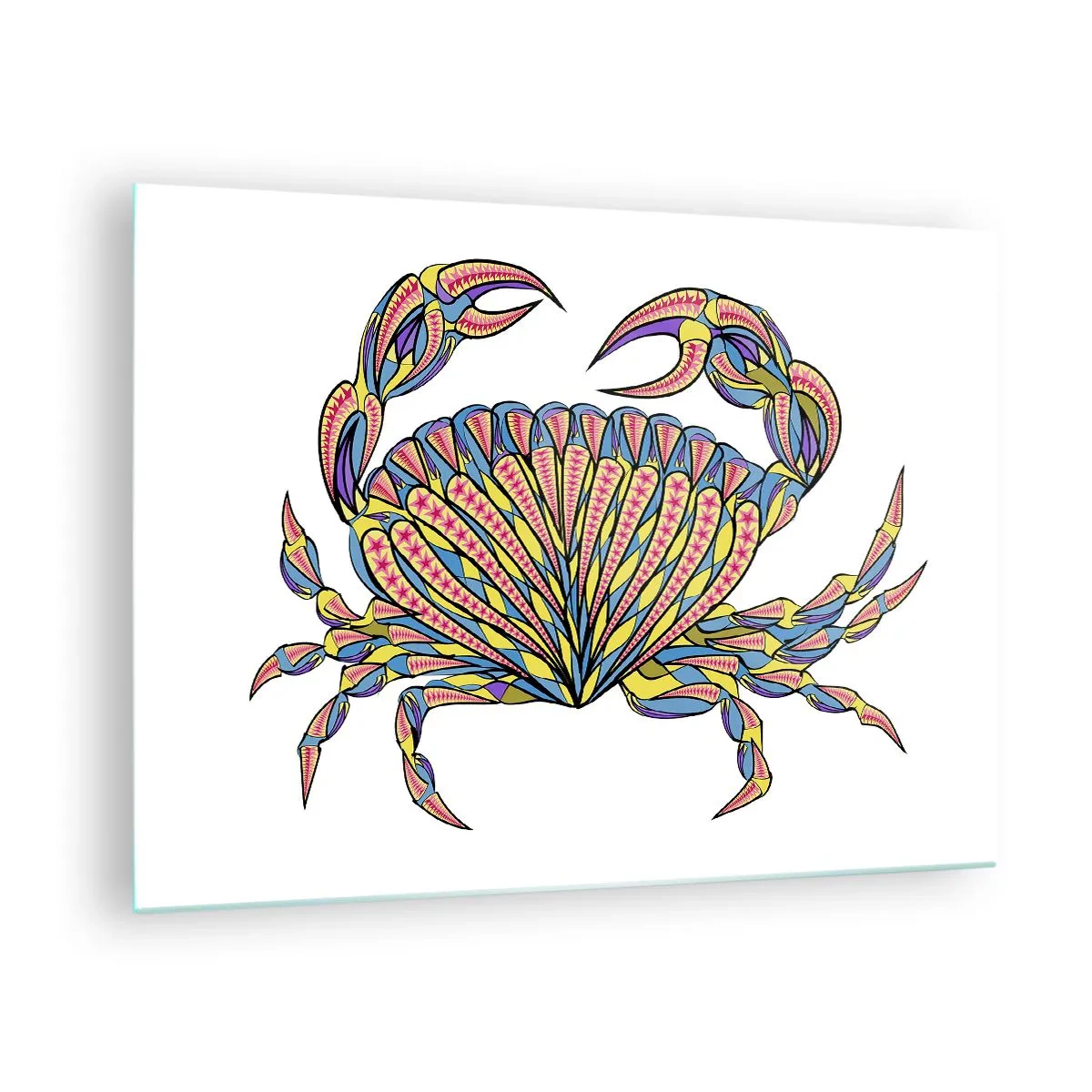 Glasbild - Bild auf glas - Illustration einer bunten Krabbe im geometrischen Stil - 70x50cm - Meeresschmuck - Moderne Wanddekoration für Wohnzimmer und Schlafzimmer ARTTOR