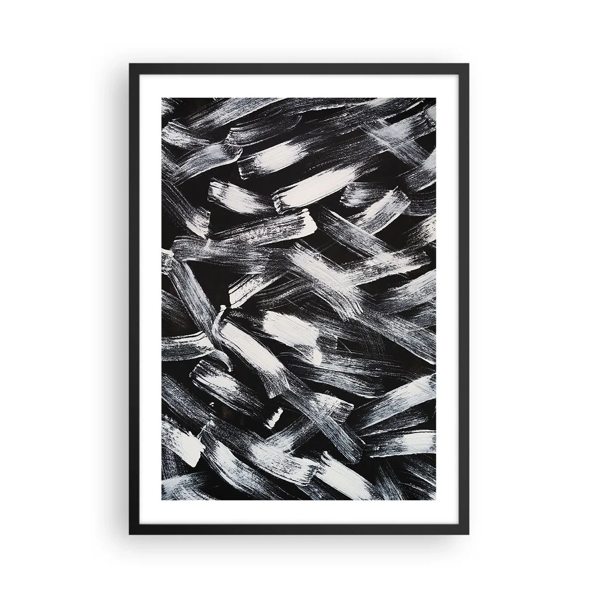 Poster in einem schwarzem Rahmen - Abstrakte weiße Pinselstriche auf schwarzem Hintergrund - 50x70cm - Abstraktion im industriellen Geist - Moderne Wanddekoration für Wohnzimmer und Schlafzimmer ARTTOR