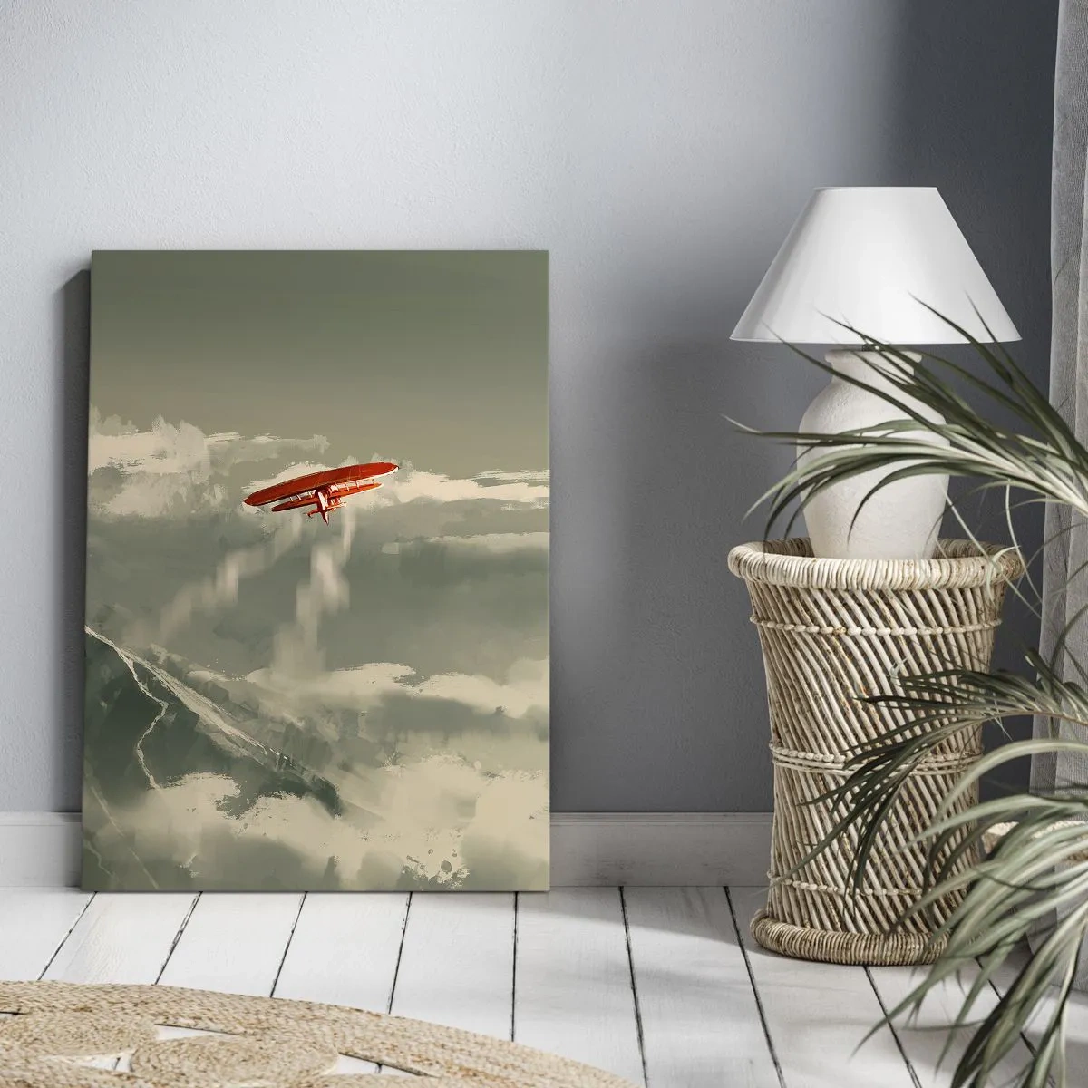Bild auf Leinwand - Leinwandbild - Rotes Flugzeug über schneebedeckten Bergen - 50x70cm - Furchtloser Pionier - Moderne Wanddekoration für Wohnzimmer und Schlafzimmer ARTTOR