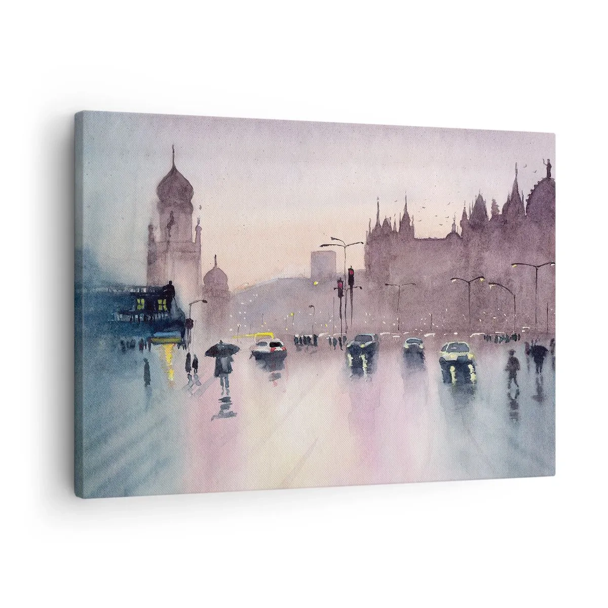 Bild auf Leinwand - Leinwandbild - Eine Stadtstraße in der Abenddämmerung im Aquarellstil - 70x50cm - Im regnerischen Dunst - Moderne Wanddekoration für Wohnzimmer und Schlafzimmer ARTTOR