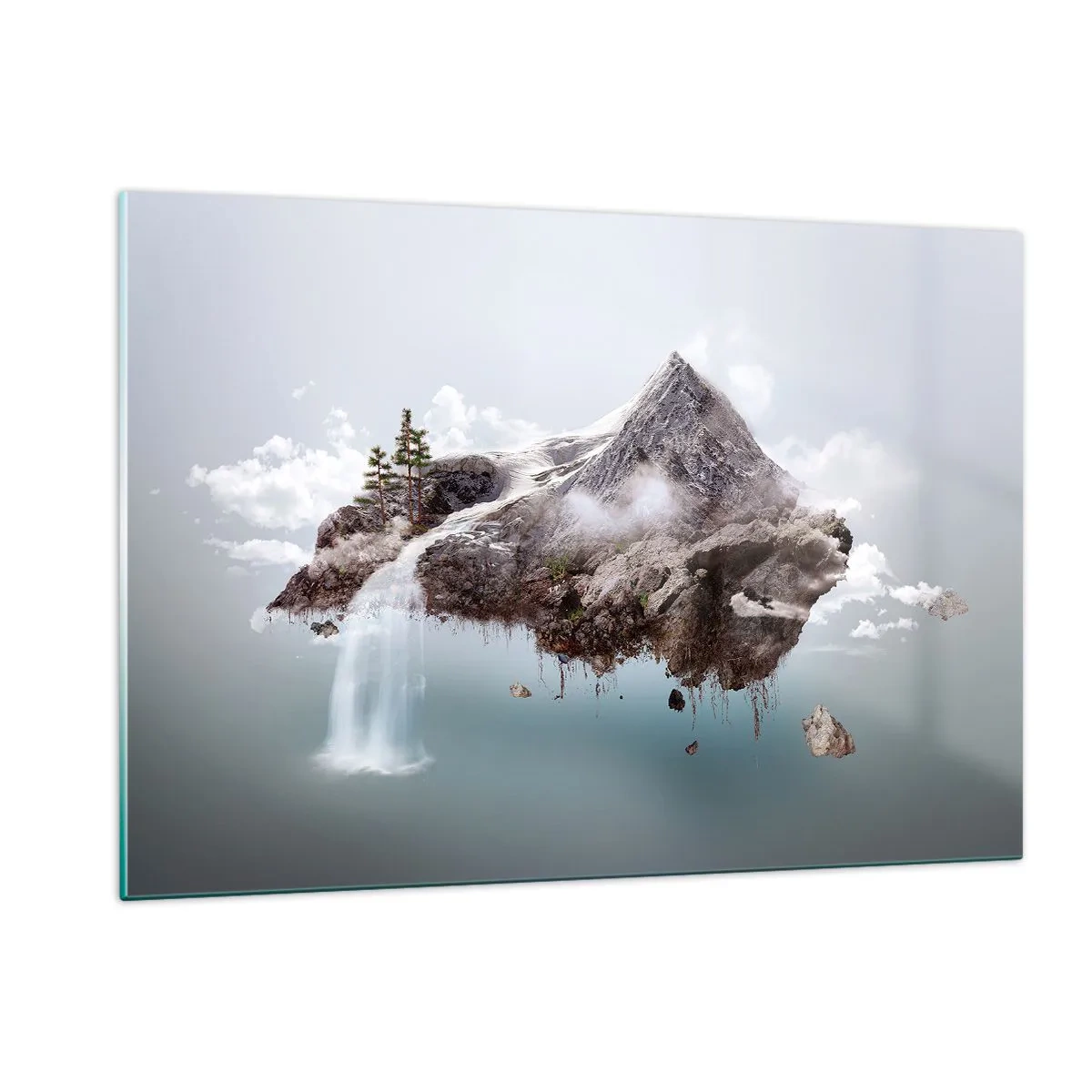 Glasbild - Bild auf glas - Eine schwimmende Berginsel mit einem Wasserfall im surrealen Stil. - 120x80cm - Mit dem Auge eines Surrealisten - Moderne Wanddekoration für Wohnzimmer und Schlafzimmer ARTTOR