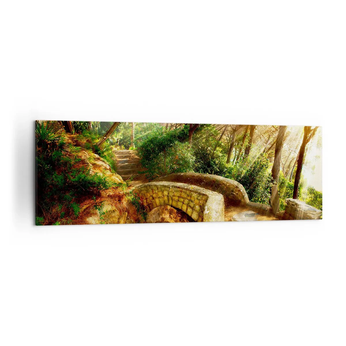 Bild auf Leinwand - Leinwandbild - Waldlandschaft mit Sonnenstrahlen und einer Steinbrücke - 160x50cm - Direkt von der Brücke in den Märchenwald - Moderne Wanddekoration für Wohnzimmer und Schlafzimmer ARTTOR