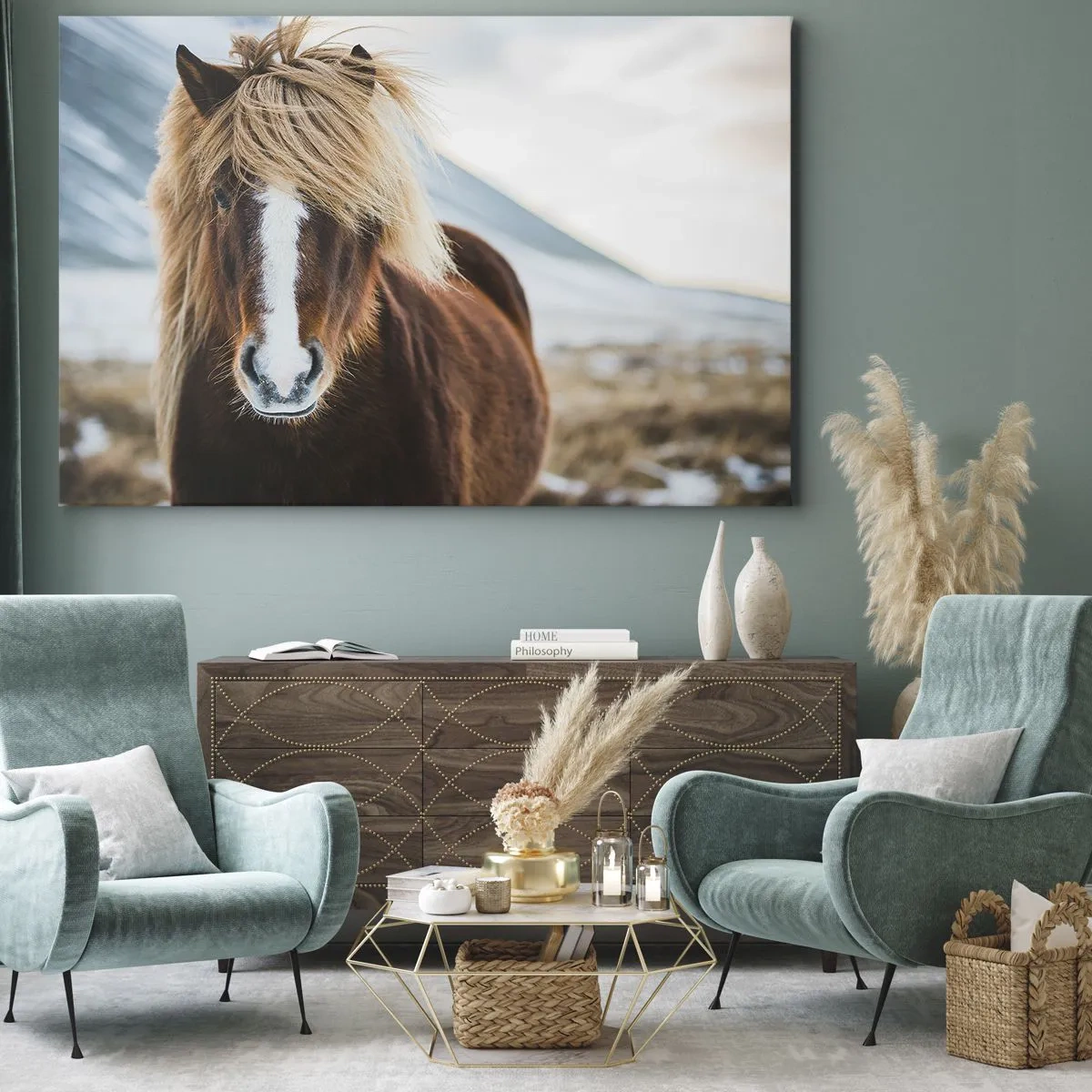 Bild auf Leinwand - Leinwandbild - Islandpferd vor einer Berglandschaft - 120x80cm - Spürst du die Freiheit? - Moderne Wanddekoration für Wohnzimmer und Schlafzimmer ARTTOR