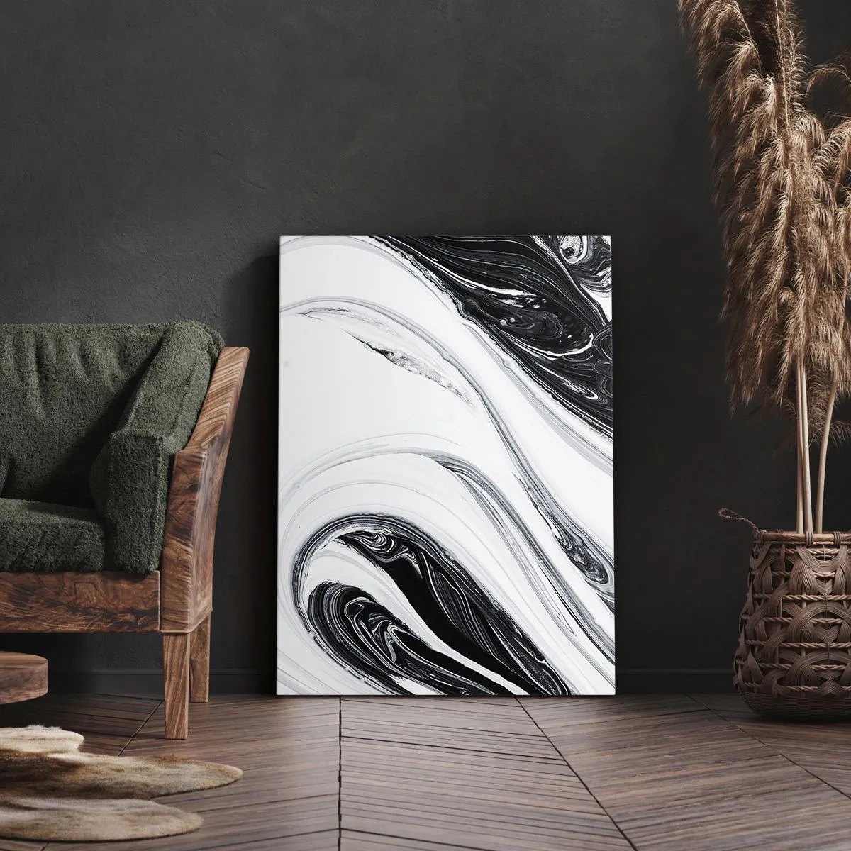 Bild auf Leinwand - Leinwandbild - Schwarz-Weiß-Abstraktion mit dynamischen Linien und Wirbeln - 50x70cm - Kombination aus Gegensätzen - Moderne Wanddekoration für Wohnzimmer und Schlafzimmer ARTTOR