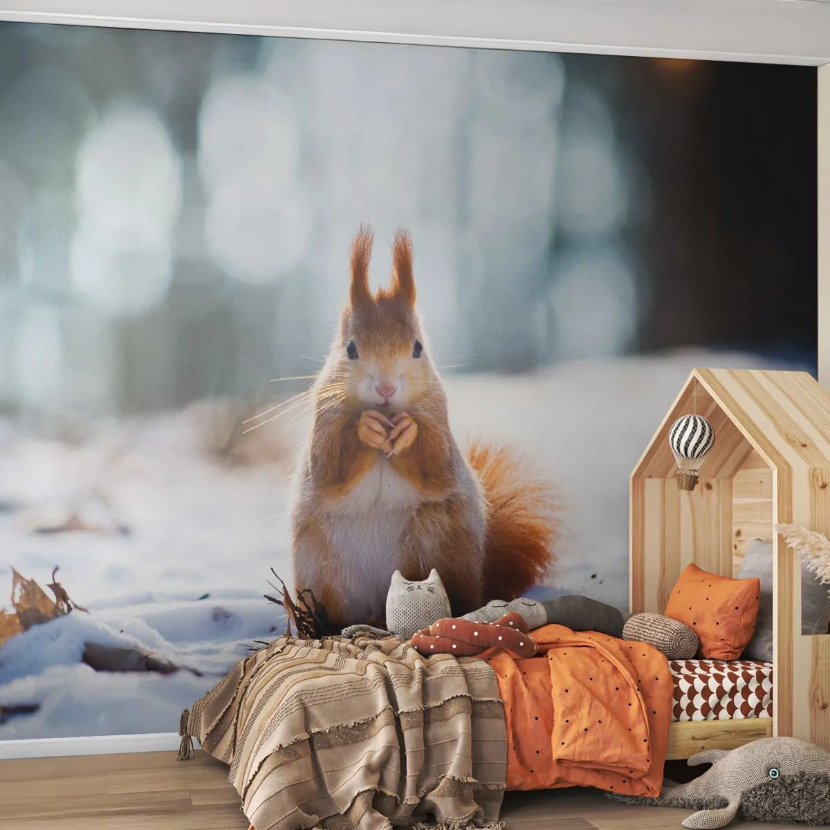Selbstklebende Fototapete Deluxe Sticker - Wo schaust du hin? - Tiere, Eichhörnchen, Winter - 250x175 cm