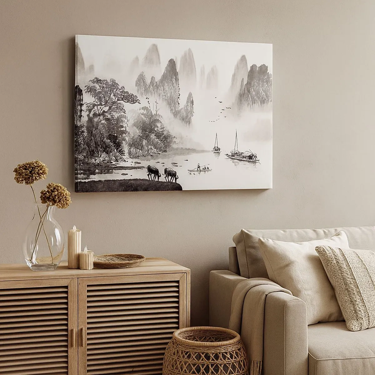 Bild auf Leinwand - Leinwandbild - Eine malerische Landschaft im asiatischen Stil mit nebligen Bergen - 70x50cm - Der exotische Alltag des Ostens - Moderne Wanddekoration für Wohnzimmer und Schlafzimmer ARTTOR