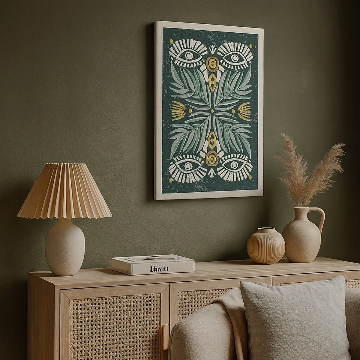 Bild auf Leinwand - Leinwandbild - Symmetrisches Pflanzenmuster auf grünem Hintergrund - 50x70cm - Wie ein Volksausschnitt - Moderne Wanddekoration für Wohnzimmer und Schlafzimmer ARTTOR