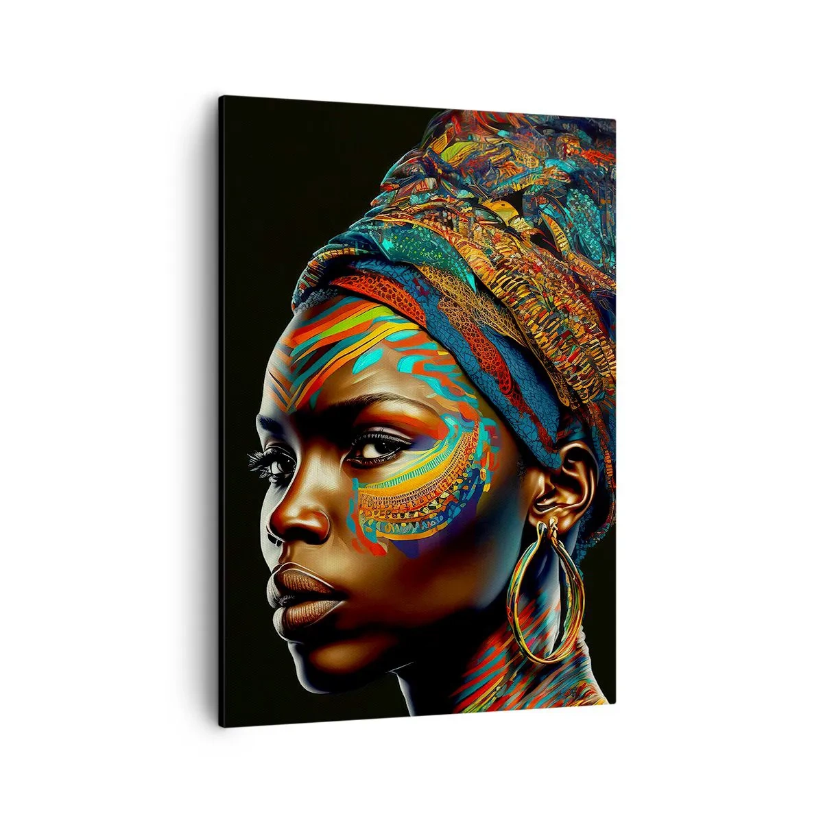 Bild auf Leinwand - Leinwandbild - Porträt einer Frau mit buntem Muster und Turban - 50x70cm - Afrikanische Königin - Moderne Wanddekoration für Wohnzimmer und Schlafzimmer ARTTOR