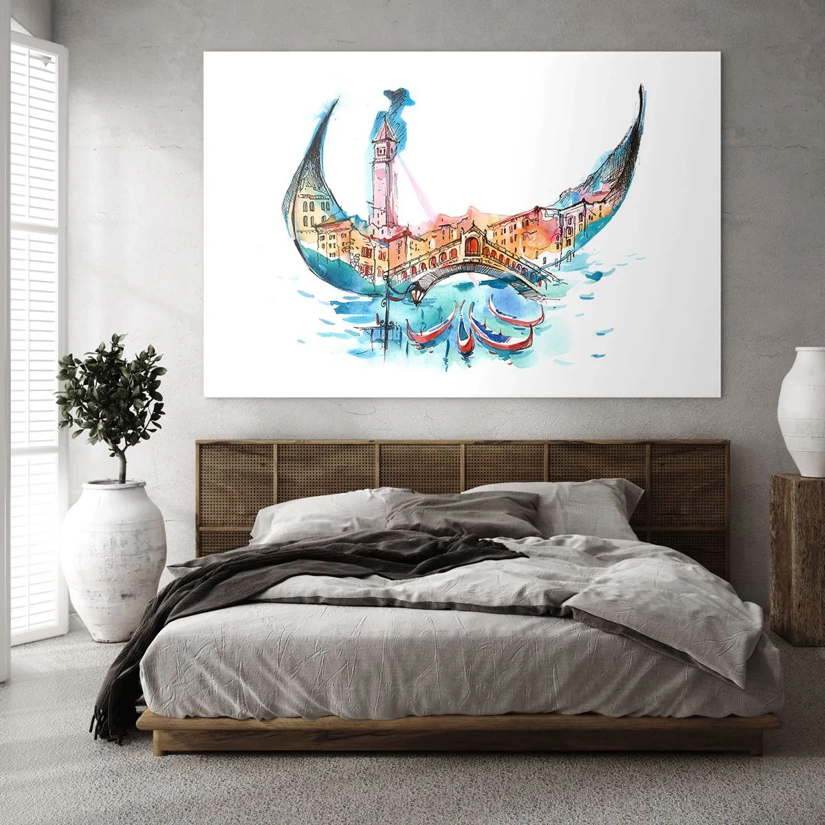 Glasbild - Bild auf glas - Aquarellpanorama von Venedig in Form einer Maske - 70x50cm - Wir segeln durch die Stadt - Moderne Wanddekoration für Wohnzimmer und Schlafzimmer ARTTOR