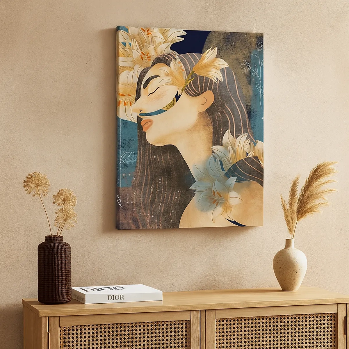 Bild auf Leinwand - Leinwandbild - Porträt einer Frau mit Blumen im künstlerischen Stil auf dunklem Hintergrund - 50x70cm - Ein Märchen über eine Prinzessin mit Lilien - Moderne Wanddekoration für Wohnzimmer und Schlafzimmer ARTTOR
