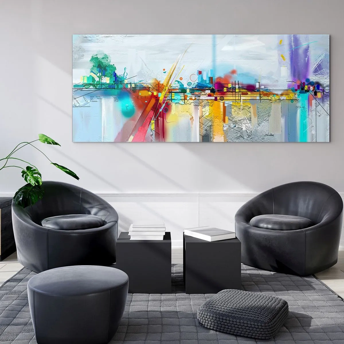 Glasbild - Bild auf glas - Abstrakte Landschaft mit bunten Akzenten - 160x50cm - Freudenbrücke über den Fluss des Lebens - Moderne Wanddekoration für Wohnzimmer und Schlafzimmer ARTTOR