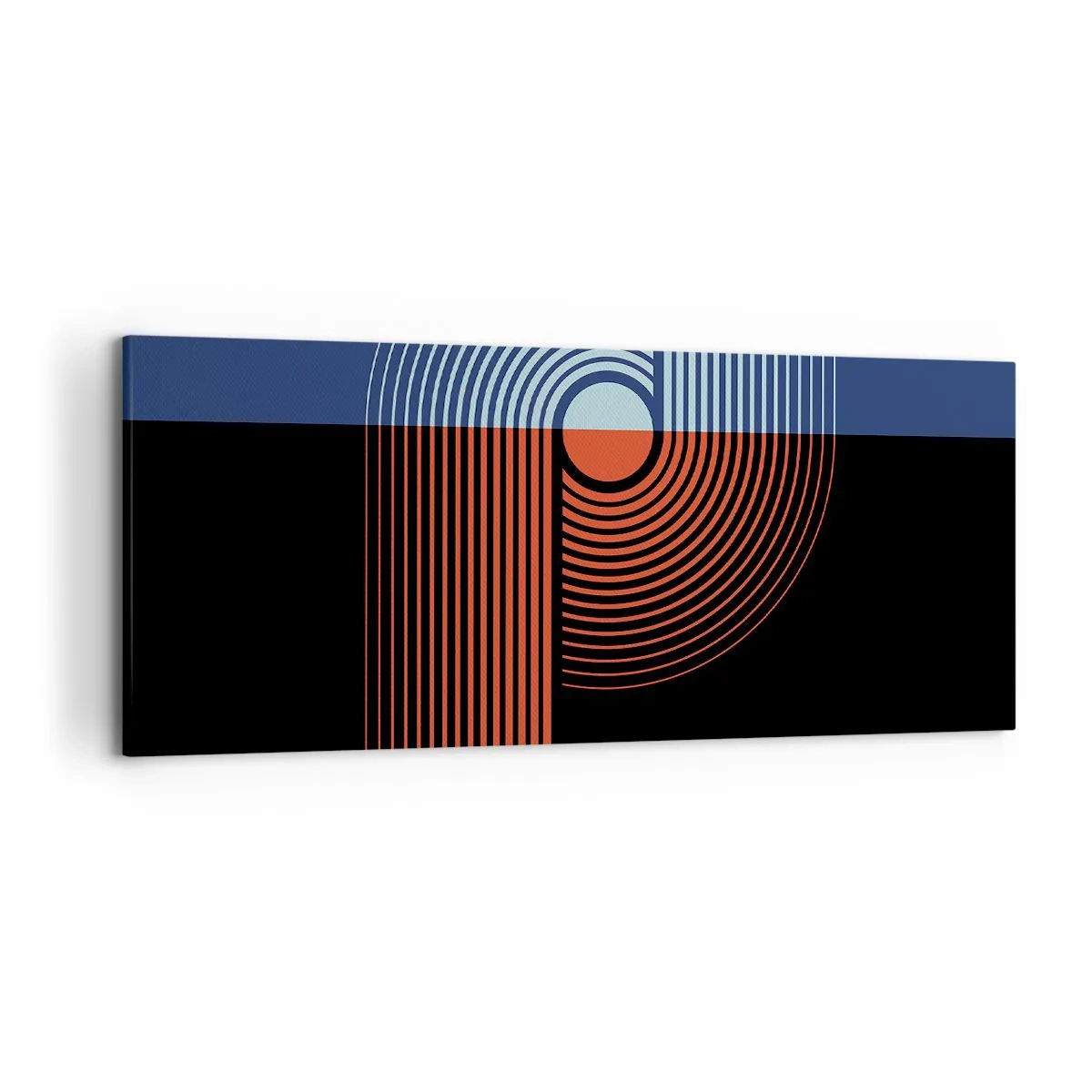 Bild auf Leinwand - Leinwandbild - Geometrische Abstraktion mit Linien in Marineblau und Orange. - 120x50cm - In einer geometrischen Umarmung - Moderne Wanddekoration für Wohnzimmer und Schlafzimmer ARTTOR