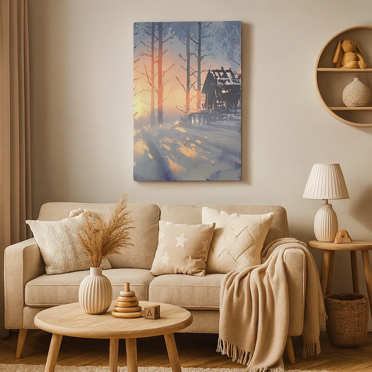 Bild auf Leinwand - Leinwandbild - Ein Waldhäuschen in einer Winterlandschaft mit den Strahlen der untergehenden Sonne - 50x70cm - Hier sieht nur die Sonne rein - Moderne Wanddekoration für Wohnzimmer und Schlafzimmer ARTTOR
