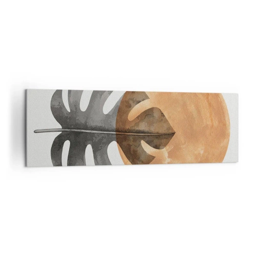 Bild auf Leinwand - Leinwandbild - Monstera-Blatt und goldener Kreis auf hellem Hintergrund - 160x50cm - Immer die Sonne - Moderne Wanddekoration für Wohnzimmer und Schlafzimmer ARTTOR