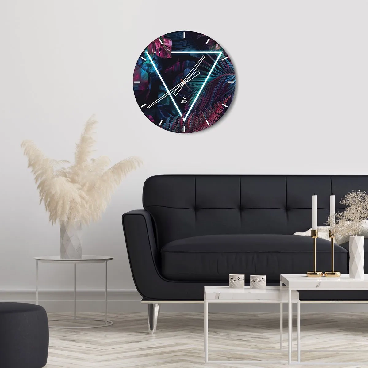 Wanduhr - Glasuhr - Tropische Blätter und Farne mit Neondreieck - 30x30cm - Garten im Disco-Stil - Moderne Wanddekoration für Wohnzimmer, Küche und Schlafzimmer ARTTOR
