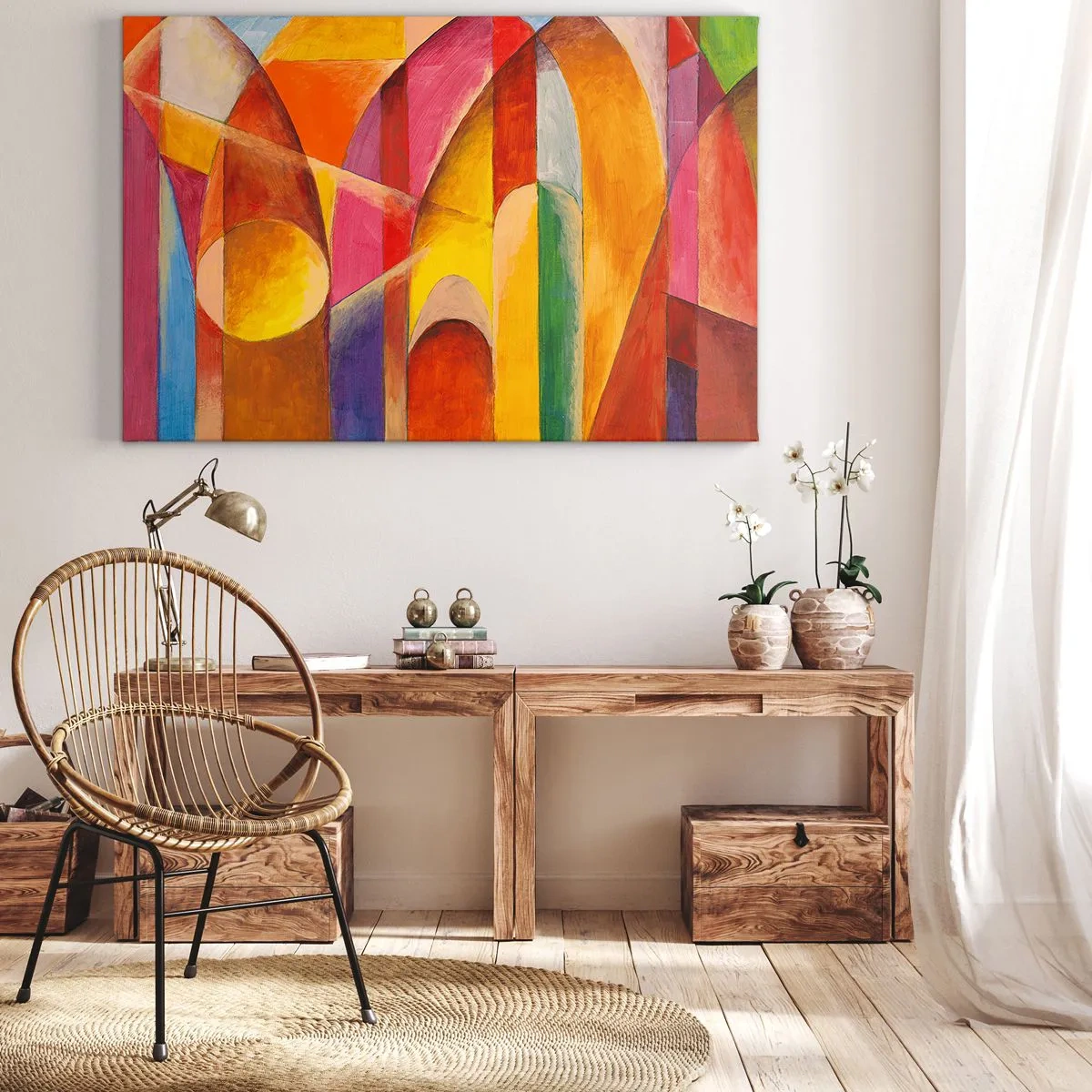 Bild auf Leinwand - Leinwandbild - Eine abstrakte Komposition voller farbenfroher geometrischer Formen. - 70x50cm - Kathedrale der Sonne - Moderne Wanddekoration für Wohnzimmer und Schlafzimmer ARTTOR