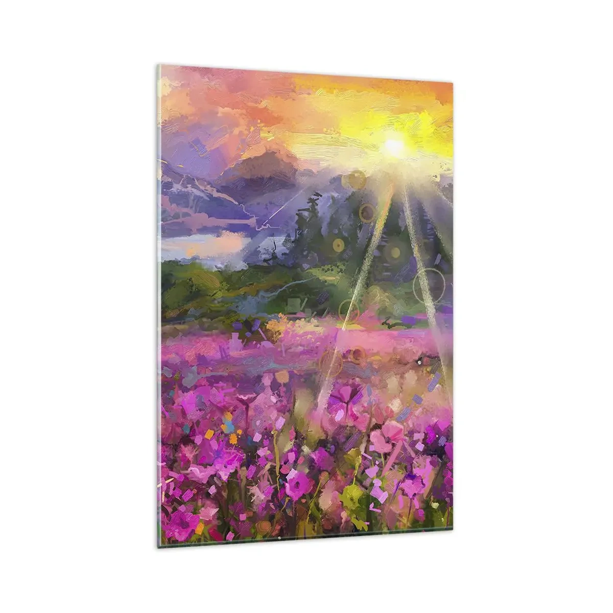 Glasbild - Bild auf glas - Eine malerische Wiese in den Strahlen der untergehenden Sonne - 80x120cm - Im Tal unter dem Schutz der Sonne - Moderne Wanddekoration für Wohnzimmer und Schlafzimmer ARTTOR