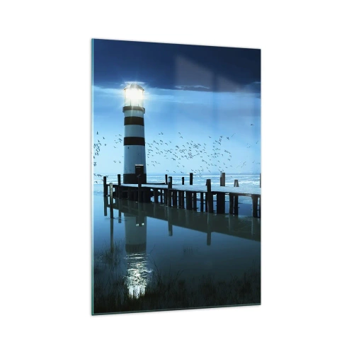Glasbild - Bild auf glas - Der Leuchtturm am Pier beleuchtet in der Nacht - 70x100cm - Und du hast keine Angst vor der Dunkelheit - Moderne Wanddekoration für Wohnzimmer und Schlafzimmer ARTTOR