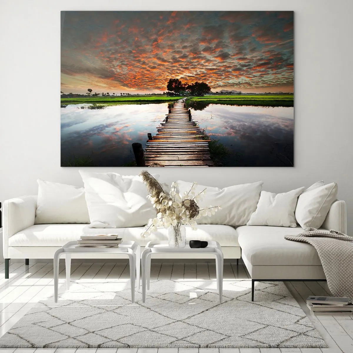 Glasbild - Bild auf glas - Holzbrücke über den Fluss bei Sonnenuntergang - 100x70cm - Arme ausstrecken - atmen - Moderne Wanddekoration für Wohnzimmer und Schlafzimmer ARTTOR