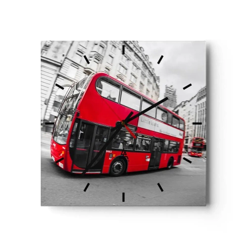 Wanduhr - Glasuhr - Ein roter Londoner Bus vor einer schwarz-weißen Straße - 30x30cm - London traditionell - mit dem Bus - Moderne Wanddekoration für Wohnzimmer und Schlafzimmer ARTTOR