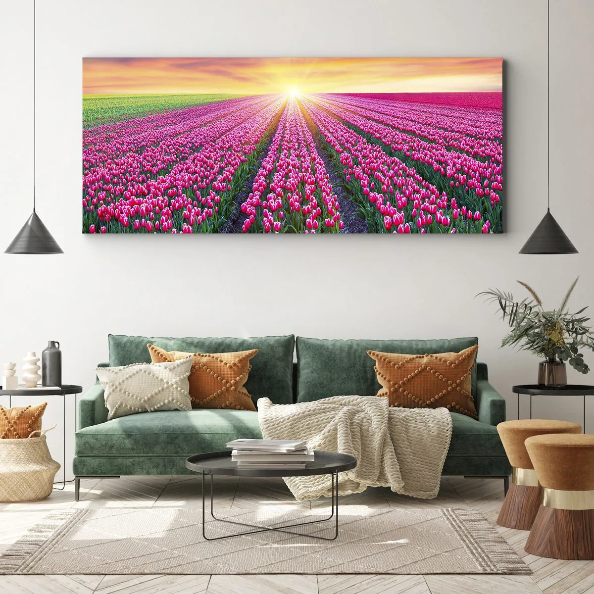 Bild auf Leinwand - Leinwandbild - Ein Tulpenfeld bei Sonnenuntergang - 120x50cm - Schönheitsfarm - Moderne Wanddekoration für Wohnzimmer und Schlafzimmer ARTTOR