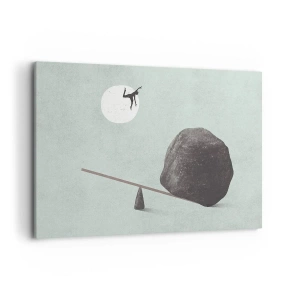 Bild auf Leinwand - Leinwandbild - Eine symbolische Szene mit einer Figur und einem Gleichgewicht vor einem hellen Himmel. - 100x70cm - Erfüllte Träume - Moderne Wanddekoration für Wohnzimmer und Schlafzimmer ARTTOR