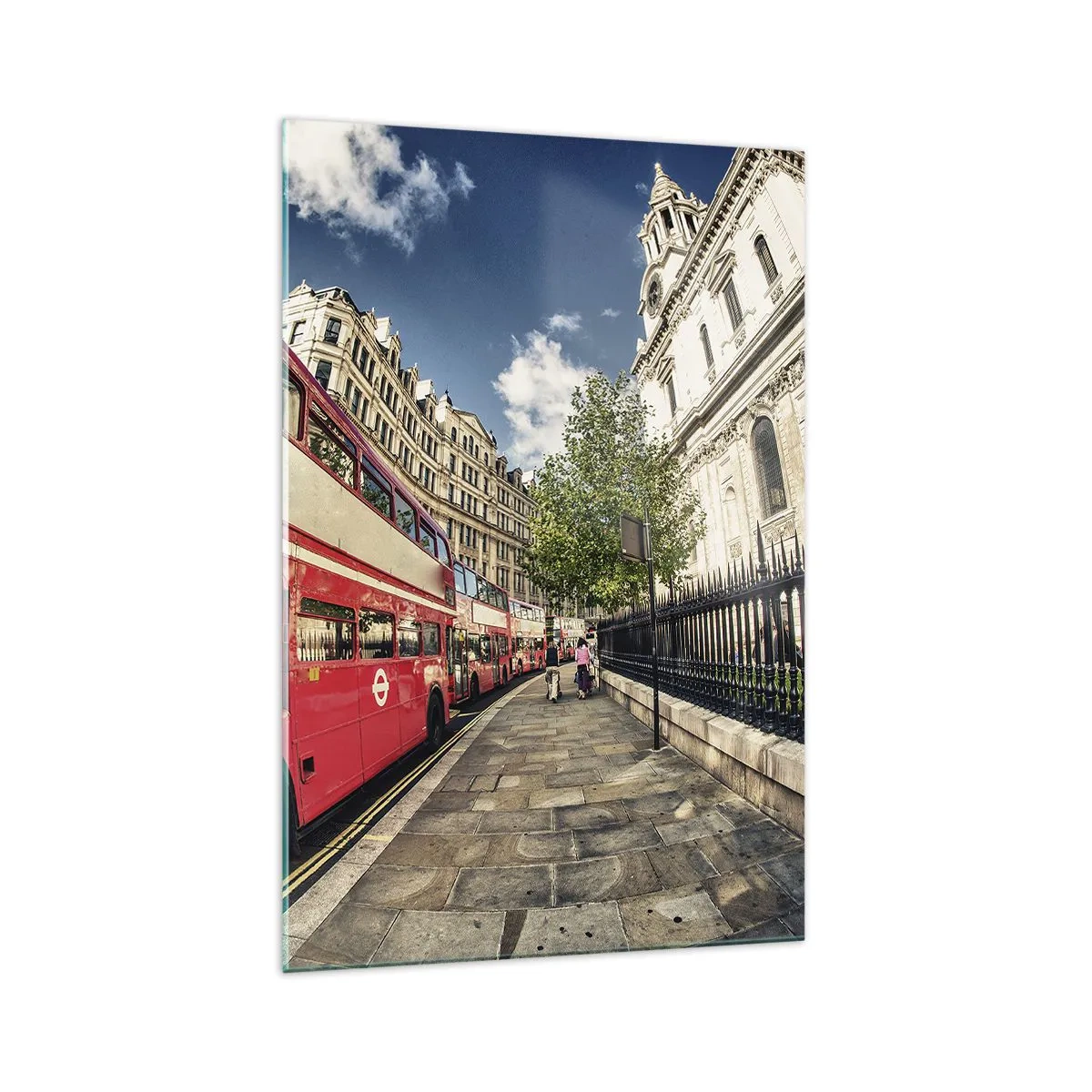 Glasbild - Bild auf glas - Roter Doppeldeckerbus in London in der Nähe der Straße und der Kathedrale - 70x100cm - Londoner Straße in Grau und Rot - Moderne Wanddekoration für Wohnzimmer und Schlafzimmer ARTTOR