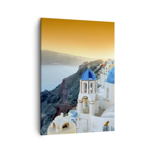 Bild auf Leinwand - Leinwandbild - Blick auf Santorini mit weißen Gebäuden und blauem Meer - 50x70cm - Santorini - an die Felsen gekuschelt - Moderne Wanddekoration für Wohnzimmer und Schlafzimmer ARTTOR