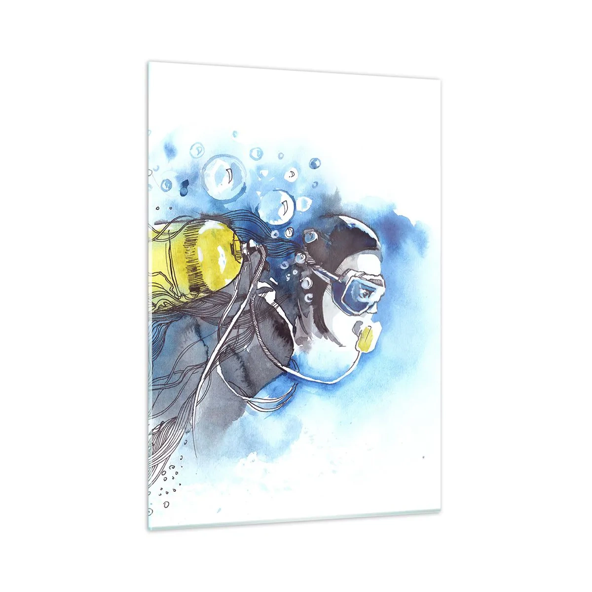 Glasbild - Bild auf glas - Taucher unter Wasser mit Fischen in künstlerischem Aquarell - 50x70cm - Tolles Blau - Moderne Wanddekoration für Wohnzimmer und Schlafzimmer ARTTOR