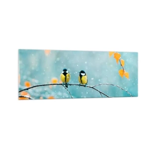 Glasbild - Bild auf glas - Zwei Vögel auf einem Ast in einer Winterlandschaft mit gelben Blättern. - 140x50cm - Vogelklatsch - Moderne Wanddekoration für Wohnzimmer und Schlafzimmer ARTTOR