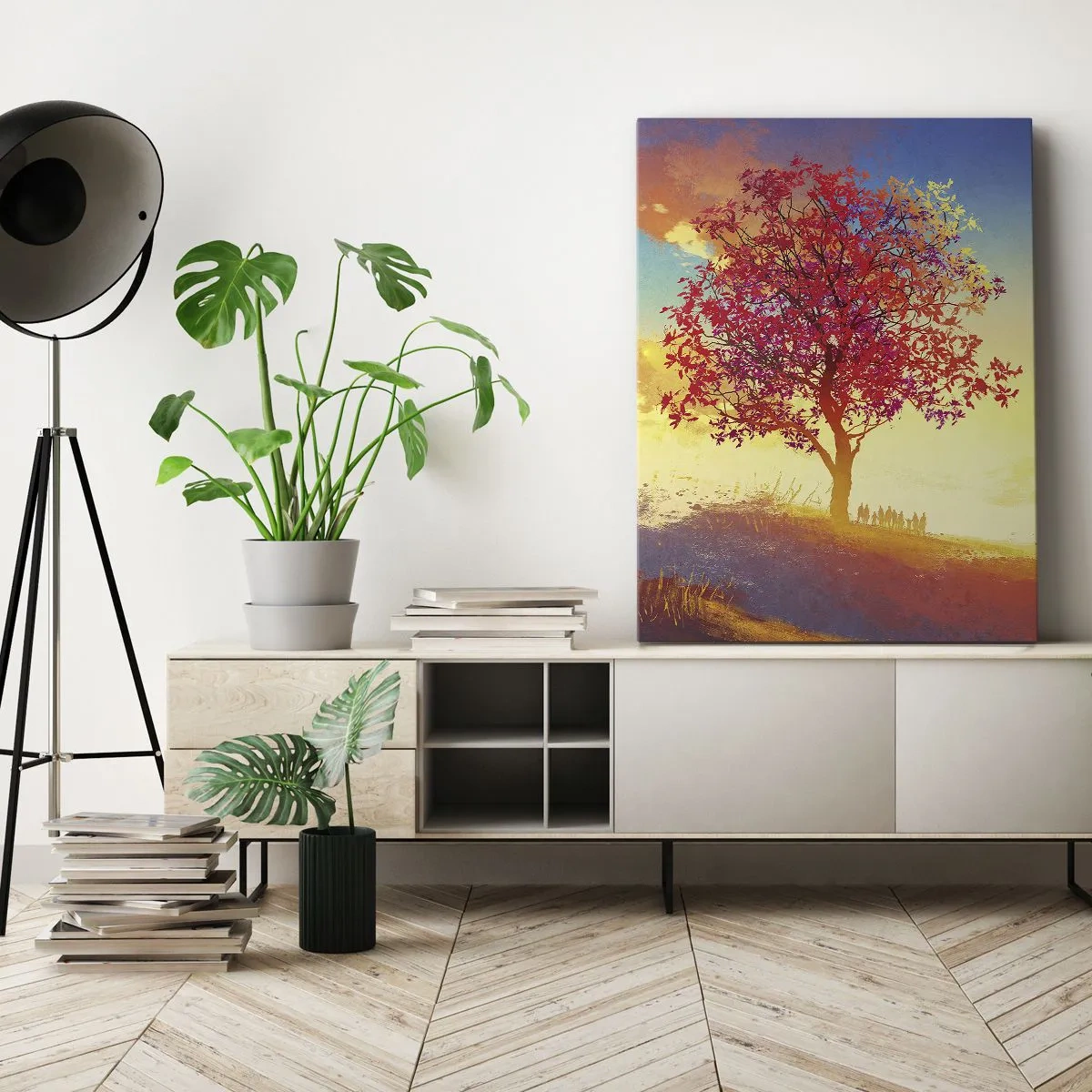 Bild auf Leinwand - Leinwandbild - Eine Figur auf einem Hügel neben einem bunten Baum im Licht der untergehenden Sonne - 50x70cm - Pilger am Ziel - Moderne Wanddekoration für Wohnzimmer und Schlafzimmer ARTTOR