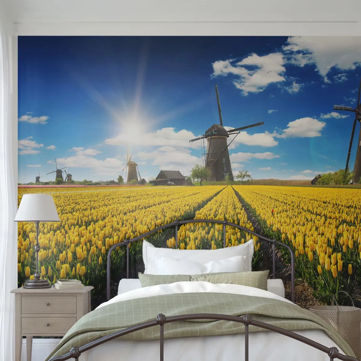 Selbstklebende Fototapete Deluxe Sticker - Holländischer geht's nicht - Landschaft, Lüfter, Tulpen - 500x350 cm