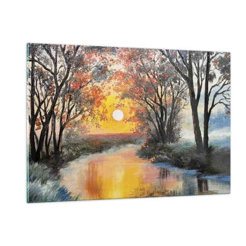 Glasbild - Bild auf glas - Sonnenuntergang über dem Fluss zwischen den Bäumen - 120x80cm - Herbststimmung - Moderne Wanddekoration für Wohnzimmer und Schlafzimmer ARTTOR