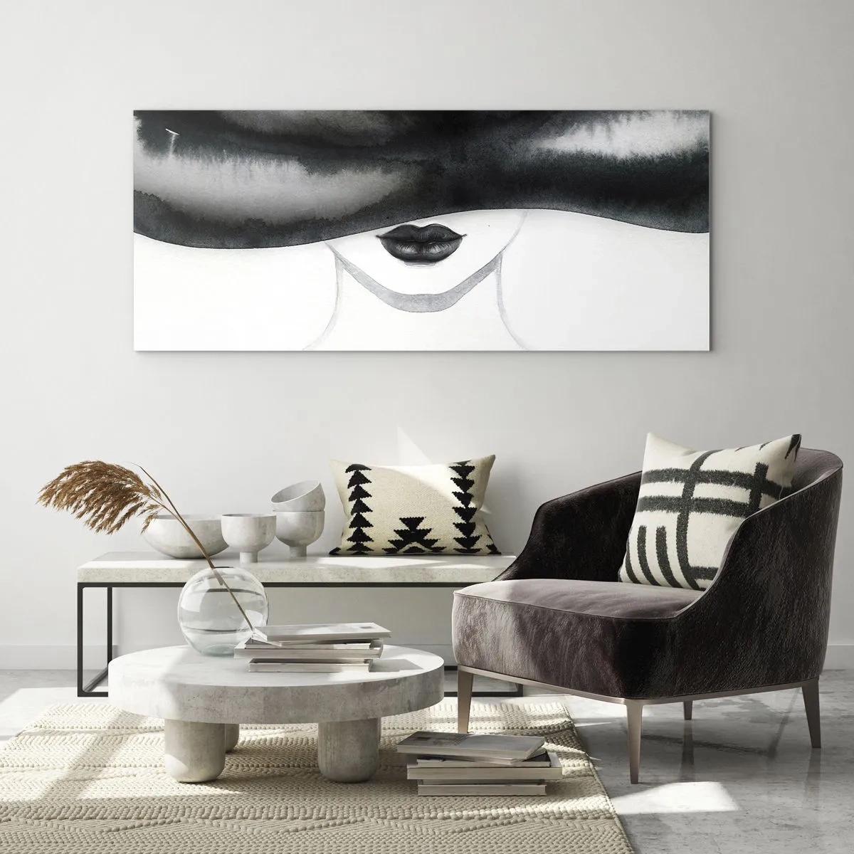 Glasbild - Bild auf glas - Ein subtiles Porträt einer Frau, deren Gesicht in einem monochromen Stil bedeckt ist. - 140x50cm - Ein sinnliches Geheimnis - Moderne Wanddekoration für Wohnzimmer und Schlafzimmer ARTTOR