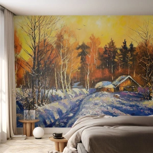 Fototapete Standard Eco - Winterlandschaft mit einem Häuschen im Licht der untergehenden Sonne - 100x70cm - Wintereindruck in der Sonne - Moderne Wanddekoration für Wohnzimmer und Schlafzimmer ARTTOR