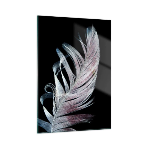 Glasbild - Bild auf glas - Eine zarte Feder auf schwarzem Hintergrund in einem künstlerischen Ansatz - 50x70cm - Denke an Berührung - Moderne Wanddekoration für Wohnzimmer und Schlafzimmer ARTTOR