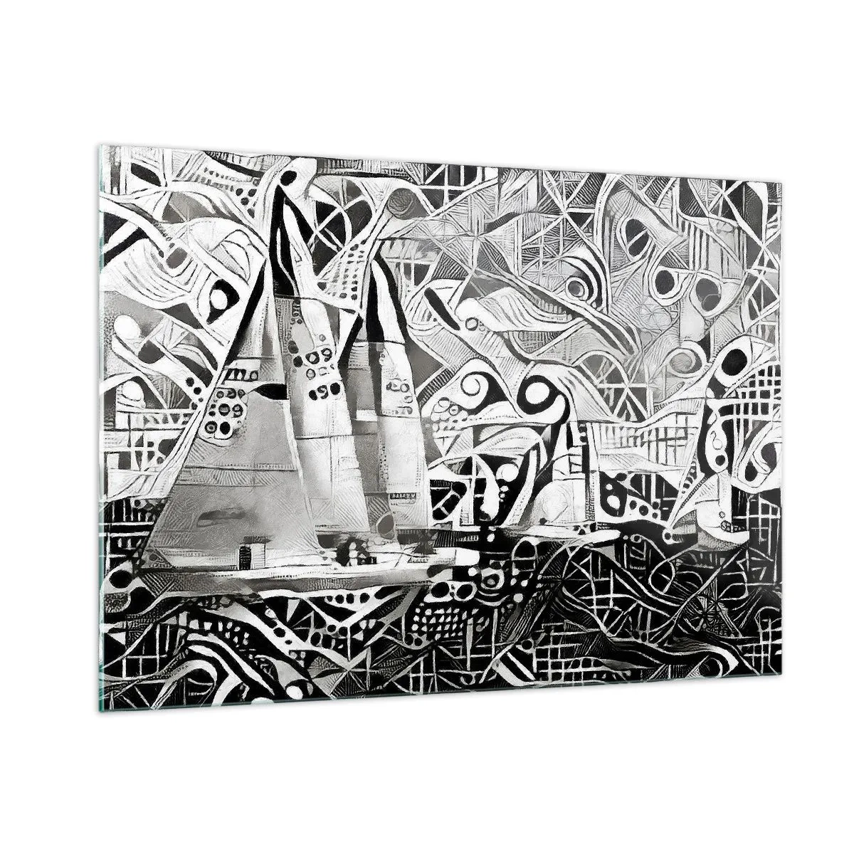 Glasbild - Bild auf glas - Schwarz-weiße Abstraktion mit Segelbooten und geometrischen Mustern - 100x70cm - Zwischen den Wellen - Moderne Wanddekoration für Wohnzimmer und Schlafzimmer ARTTOR
