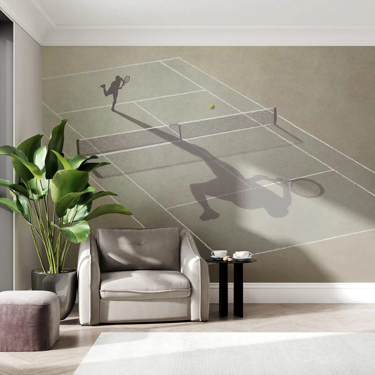 Fototapete Premium Sand - Ein Tennisplatz mit dem Schatten eines Spielers als Gegner - 100x70cm - Überwinde dich selbst - Moderne Wanddekoration für Wohnzimmer und Schlafzimmer ARTTOR
