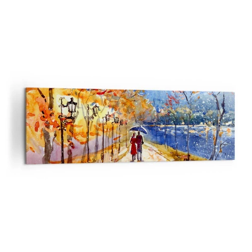 Bild auf Leinwand - Leinwandbild - Ein Herbstspaziergang im Park am Flussufer unter einem Regenschirm - 160x50cm - Gemeinsam bis an die Grenze der Zeit - Moderne Wanddekoration für Wohnzimmer und Schlafzimmer ARTTOR