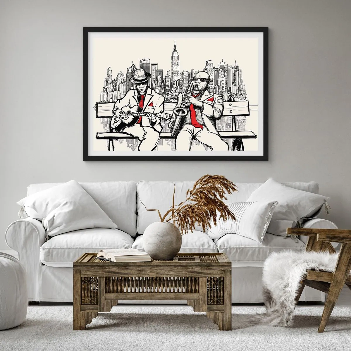 Poster in einem schwarzem Rahmen - Ein Jazzduo mit Saxophon und Gitarre vor der Kulisse der Stadt - 70x50cm - New Yorker Improvisation - Moderne Wanddekoration für Wohnzimmer und Schlafzimmer ARTTOR