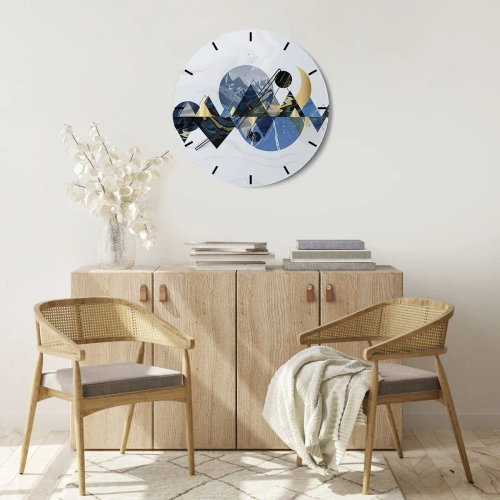 Wanduhr - Glasuhr - Abstrakte Berglandschaft mit geometrischen Formen in Blau- und Goldtönen. - 30x30cm - Geometrische Landschaft - Moderne Wanddekoration für Wohnzimmer, Küche und Schlafzimmer ARTTOR
