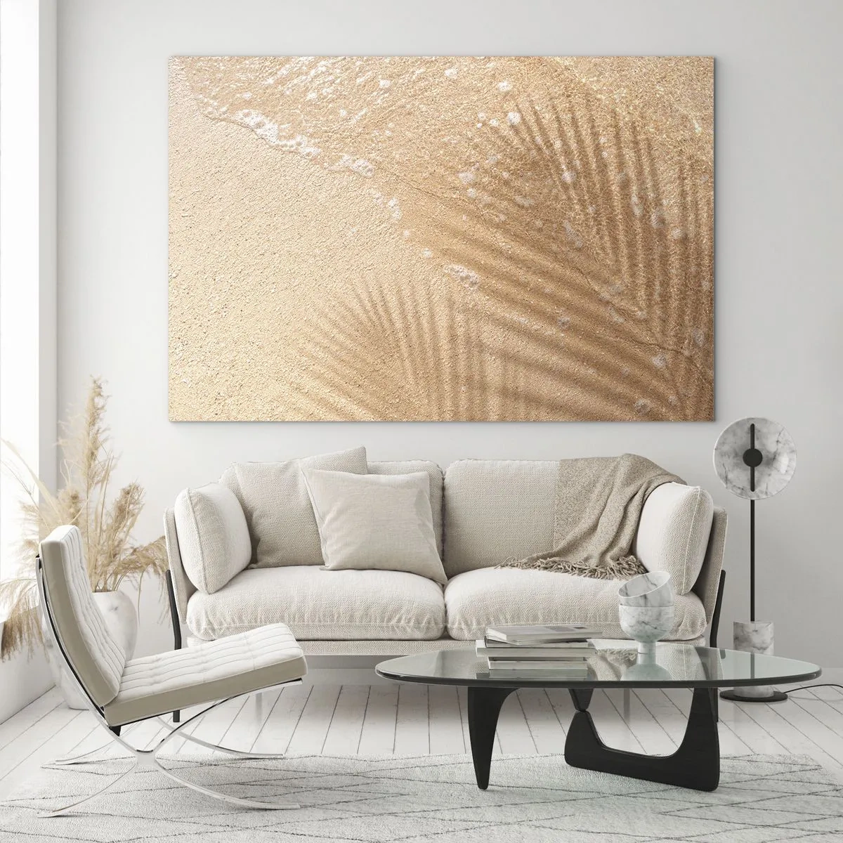 Glasbild - Bild auf glas - Strand und Schatten im Sand - 100x70cm - Der Schatten eines heißen Sommers - Moderne Wanddekoration für Wohnzimmer und Schlafzimmer ARTTOR
