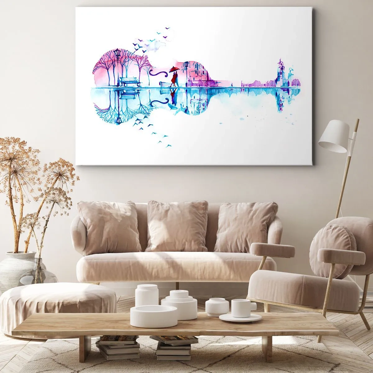 Bild auf Leinwand - Leinwandbild - Stadtsilhouette in Form einer Violine in Aquarellfarben - 120x80cm - Ich bringe dir ein paar Regenbögen - Moderne Wanddekoration für Wohnzimmer und Schlafzimmer ARTTOR