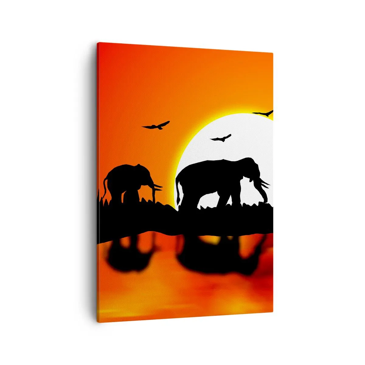 Bild auf Leinwand - Leinwandbild - Silhouetten von Elefanten bei Sonnenuntergang über dem Wasser mit Reflexion - 50x70cm - Und abends einen kleinen Drink trinken - Moderne Wanddekoration für Wohnzimmer und Schlafzimmer ARTTOR
