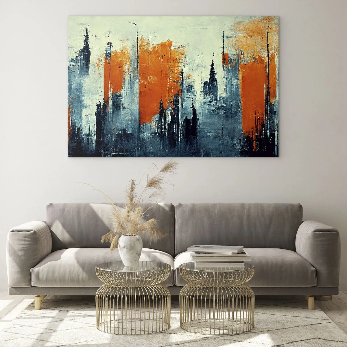 Glasbild - Bild auf glas - Ein modernes Stadtpanorama in Grau- und Orangetönen - 70x50cm - Moderne Landschaft - Moderne Wanddekoration für Wohnzimmer und Schlafzimmer ARTTOR